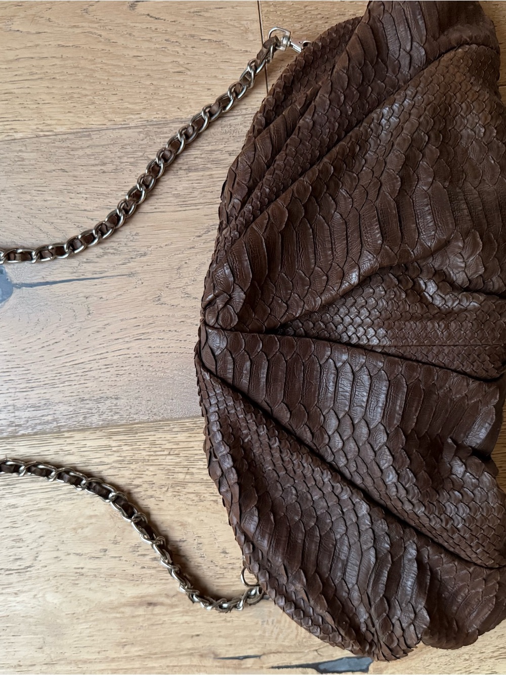 Brown real python Chain Strap Shoulder Bag with magnetic closure